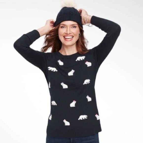 Talbots Navy Blue Crewneck Sweater Winter Polar Bears Pom Pom Hats Size XL - Picture 1 of 12